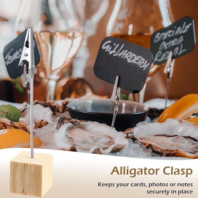 Gersoniel 20 Pcs Cube Base Memo Clip Holder with Alligator Clip Wood Table Number Holder Cube Base Place Card Stand Mini Photo Menu Stand for Displaying Number Card (Light Wood Color)