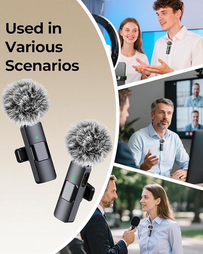 3-in-1 Microphone for iPhone, Android, Camera, Wireless Microphones, Mini Microphone, Lapel Mic with Noise Reduction, Crystal Clear Sound & 7H Battery for Vlogging, Portable Recorders
