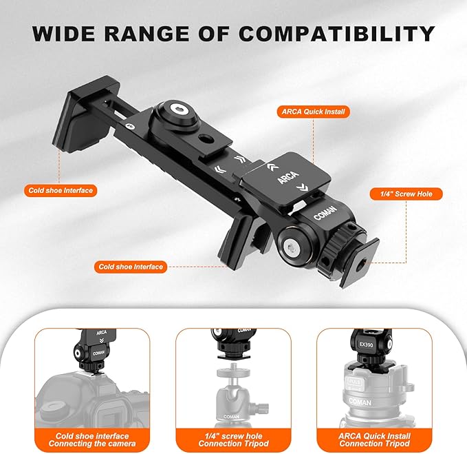 COMAN Metal Phone Tripod Mount - Holder Stand with 3 Cold Shoes & Arca Port, Universal Smartphone Mount Adapter, 360° Rotates Adjustable Cell Phone Clip Clamp Holder Fits iPhone 15 Pro Max Galaxy S24