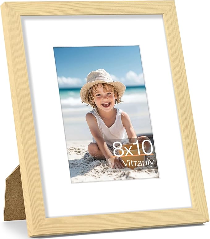 Vittanly 8x10 Picture Frame, Made of Solid Wood and Shatterproof Plexiglass, Display Pictures 5x7 with Mat or 8x10 without Mat, Wooden Photo Frame for Wall Mounting or Tabletop, Natural, 1 Pack