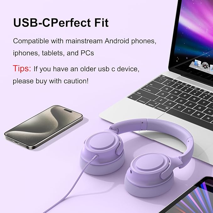 Wired Over-Ear Headphones with USB C Connector, Hi-Fi Stereo Sound, Noise-Isolating Ear Cups, Comfortable Fit for USB C Devices (No Bag, Purple)