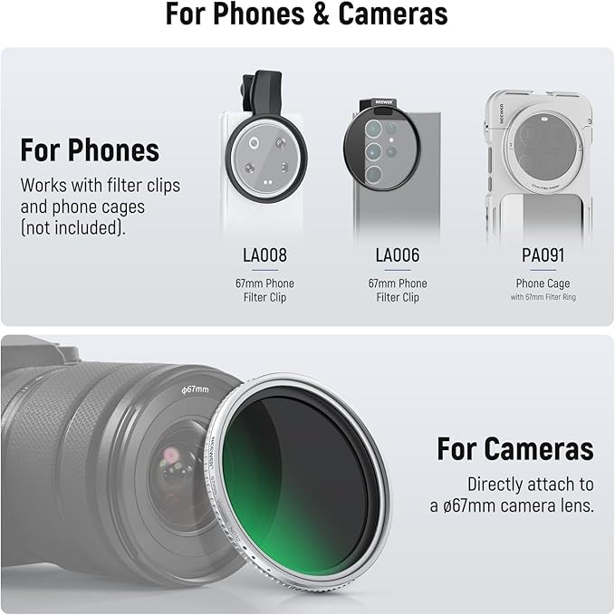NEEWER 67mm Variable ND Filter, Slim HD ND2-32 Adjustable Neutral Density Filter Compatible with iPhone Android Samsung Camera Lens, Clip Not Included