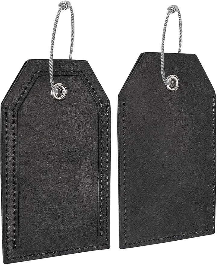 Genuine Leather Set of 2 Luggage Tag with Full Back Privacy Name ID Card Stainless Steel Loop Suitcase Labels Identifiers Baggage Tags Luggage for Women Men Travel (Black)