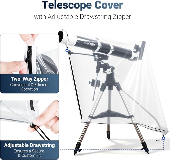 2PCS Clear Telescope Cover, 58x33Inch Waterproof Telescope Weather Resistant Rain Cover Raincoat Protector with Dual Zippers & Drawstring for Large Astronomical Telescopes Outdoor Against Rain Dust