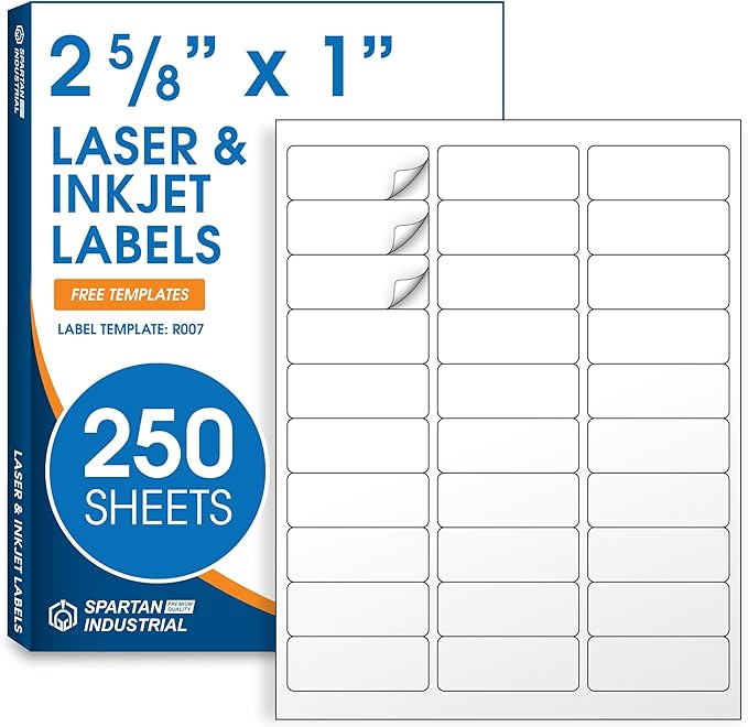 1" X 2 5/8" Matte White Printable Address Labels (250 Sheets, 7500 Stickers) Mailing and Return Address Labels for Laser & Inkjet Printers - Spartan Industrial Template R007