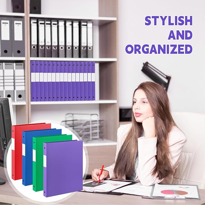 Henoyso 48 Pcs 3 Ring Binder 1/2'' Round Fits Letter Size 8.5'' x 11'' Paper Plastic Flexible Binder Holds 140 Sheets with 1 Pockets Versatile Organizer for Home Office School (Blue Green Purple Red)