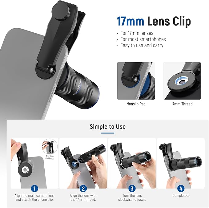 NEEWER 400mm Telephoto Phone Camera Lens with 17mm Threaded Lens Clip, 70cm Minimal Macro Focus Distance, Shot on 2X Zoom, for Backplate, Phone Cage, Case Compatible with iPhone Samsung Android, LS-78