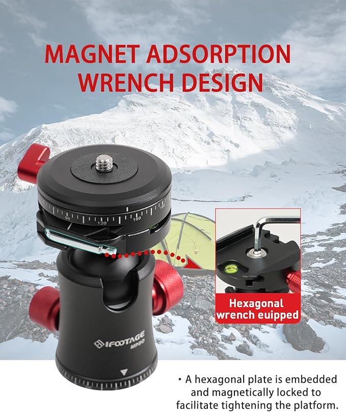 IFOOTAGE Komodo MP30 Ball Head,Metal 360° Rotating Ball Head with Panoramic Quick Release Plate, Compatible with Digital SLR（Load 22lbs）