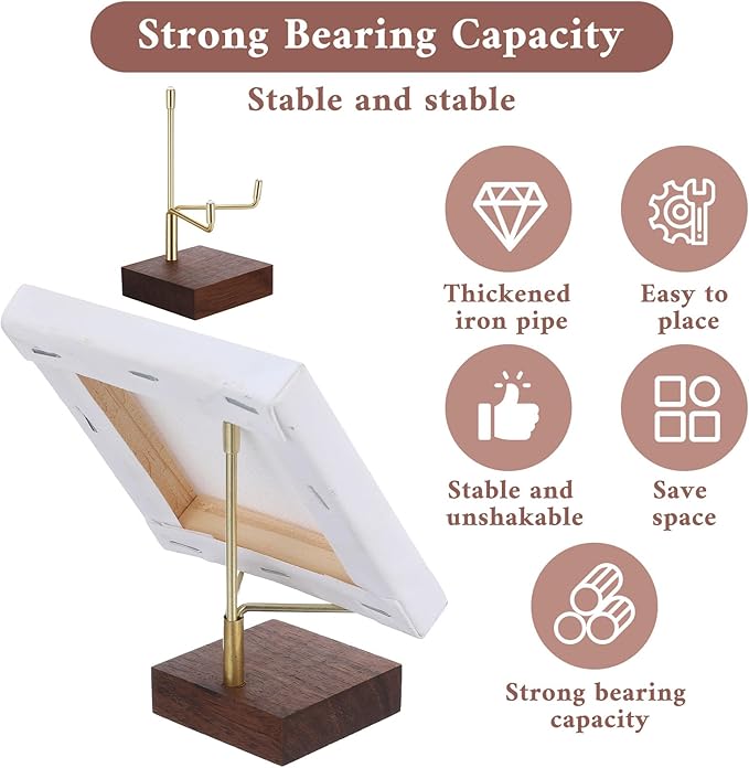 Small Gold Metal Arms Display Stand Easel with Wooden Base - Adjustable Small Display Easel Stand for Displaying Art Fossil Coral Picture, Photo Frame, 2"x2"x3.2"