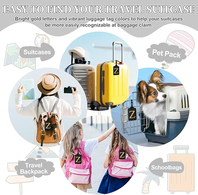 Personalized Initial Luggage Tags for Suitcase TSA Approved, Black Leather Cute Luggage Tag with Privacy Cover Name Card, Embroidered Custom Luggage Tags Travel Backpack Tags Gifts for Women Kids(Z)