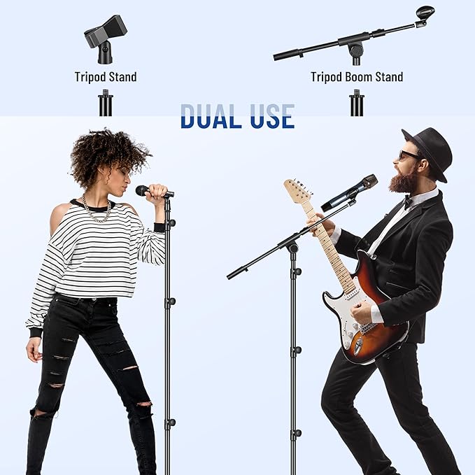 CAHAYA Mic Stand Floor Adjustable - Tripod Boom Arm Microphone Stand with Carrying Bag 2 Mic Clips 3/8" to 5/8" Adapter for Singing Podcast Compatible with Blue Yeti Shure SM58 SM48 Fifine K669B