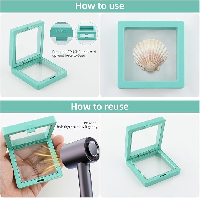 20 Pcs Seashell Holder, 3D Floating Display Box 2.7 x 2.7 Inches, Transparent Display Case for Sea Shell Collectibles, Jewelry, Rings, Crystal, Badges, Coastal Decor (Blue White Mint Sky Blue)
