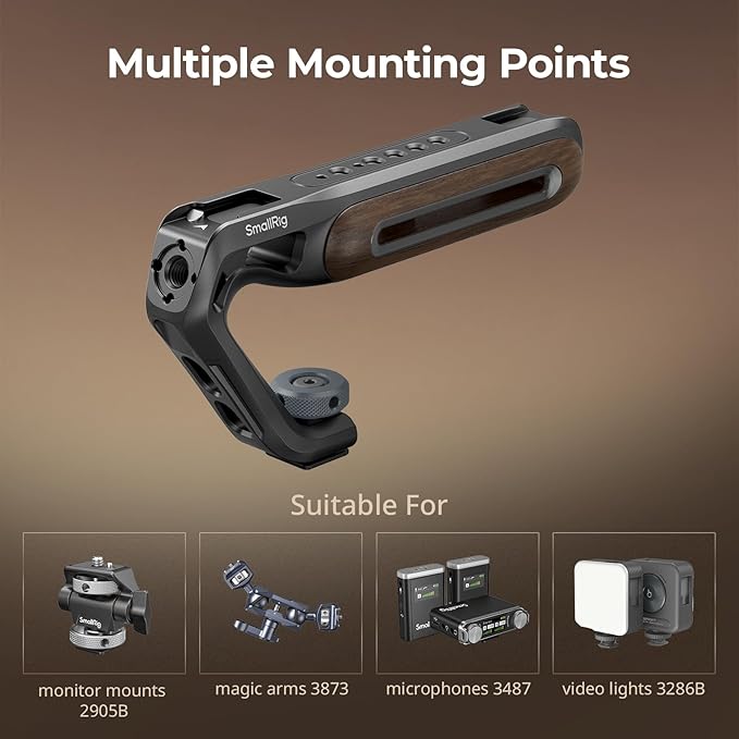 SmallRig Wooden Top Handle with Cold Shoe Mount, Lightweight Wooden Top Handle for Camera Cage, Load Capacity up to 10kg / 22lb, 3/8"-16 Locating Holes for ARRI & 1/4''-20 Threaded Holes - 5250