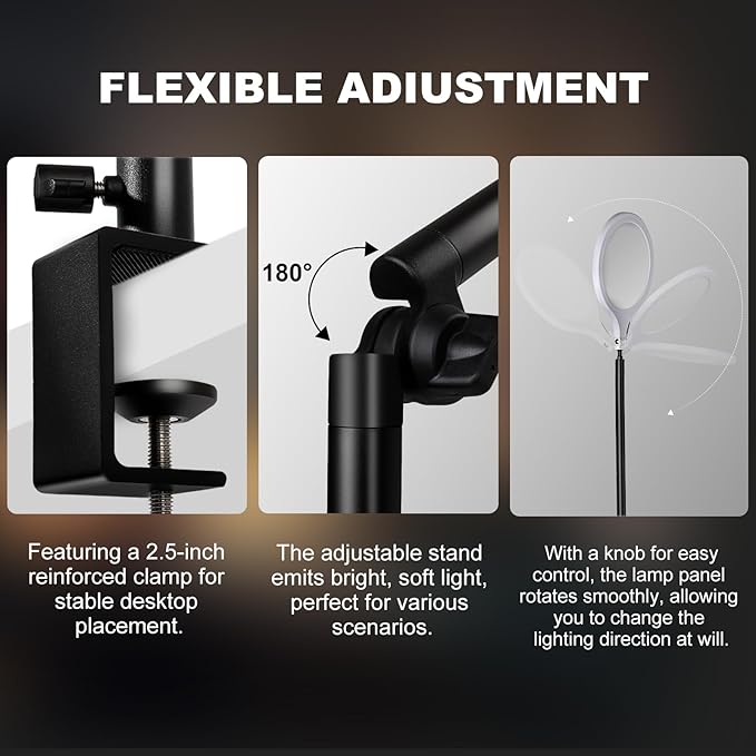 Desk Ring Light with Stand & Clamp, 10'' Dimmable Video Conference Lighting for Zoom/Teams, Streaming Light with 360° Adjustable Arm for Home Office, Podcast, YouTube, TikTok