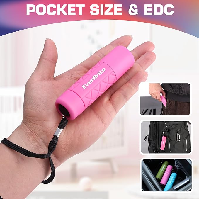 EverBrite Mini Flashlight 3-Pack, Small Flash Lights 9 AAA Batteries Included, Pink/Green/Blue LED Flashlights with Lanyard for Camping/Emergencies, Christmas Gifts