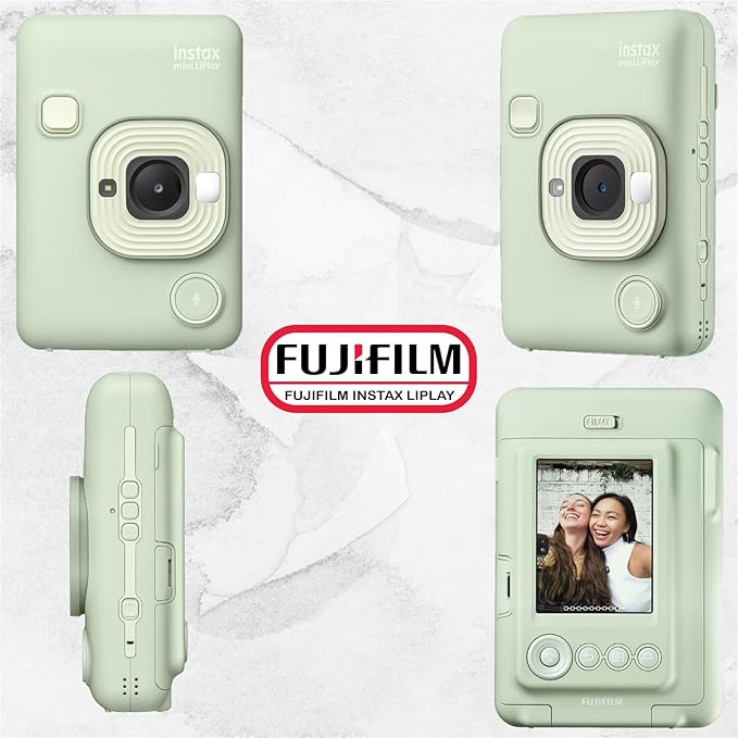 Fujifilm INSTAX Mini LiPlay Hybrid Instant Camera Bundle with 20 Sheets INSTAX Mini Film, 32GB microSD Card, USB Charging Cable, Hand Strap, Cleaning Cloth (Matcha Green)
