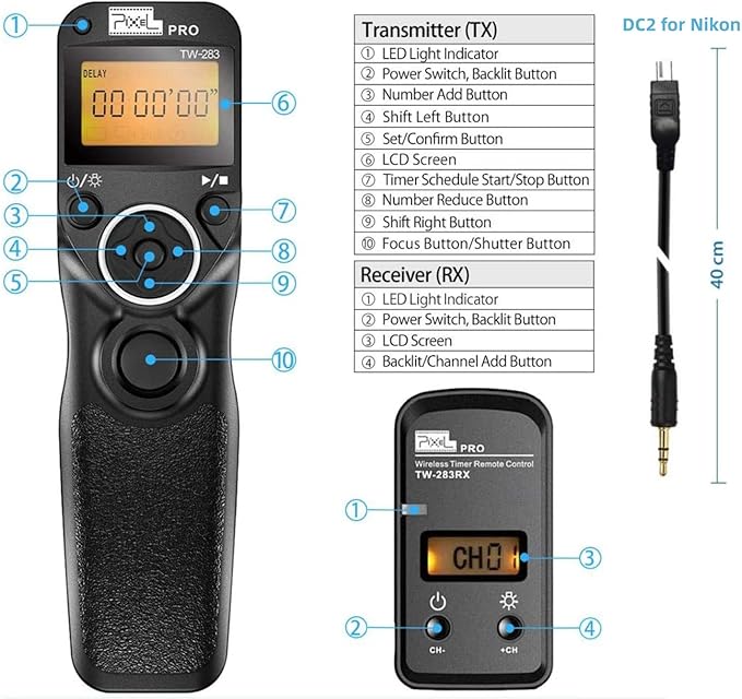 Pixel Timer Shutter Release Remote Control TW283-DC2 Remote Release for Nikon Z7 Z7II Z6 Z6II Z5 D5600 D3300 D5000 D5100 D5200 D5300 D5500 D90 D7000 D7100 D7200 D7500 D780 D610 D750 P7700 P7800