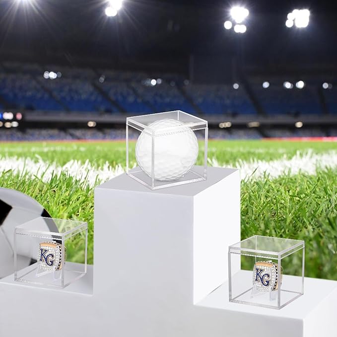 4 Pack Championship Ring Display Case Clear Acrylic Ring Case Display Box for Sports Baseball Softball Football Basketball Single Ring Coin Holder Stand, 2.16 Inch