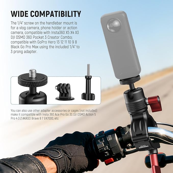 NEEWER Motorcycle Bike Handlebar Mount Compatible with GoPro DJI Osmo Action Cameras, Handle Bar Pole Clamp Holder with 360° Rotation for POV Video Recording, CA165