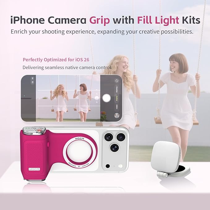 COMITOK iPhone Camera Grip MOCA with Magnet Fill Light & Mirror for 17 Pro iOS26 Native Camera, Fun Shot Magnetic Grip for Phone Compatible iOS17 and iOS18 with Anti-Drop Detachable Remote & Keychain