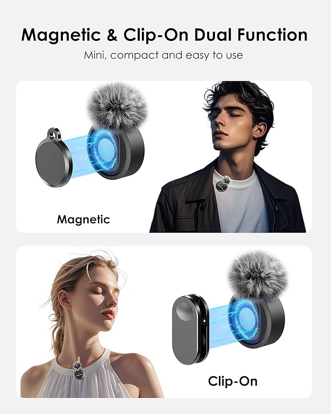 Wireless Lavalier Microphone for iPhone/Android, Professional Microphone with Custom Wind Muff, Noise Cancellation, Includes Type-C/Lightning Connectors, 300ft Range for Recording, Streaming