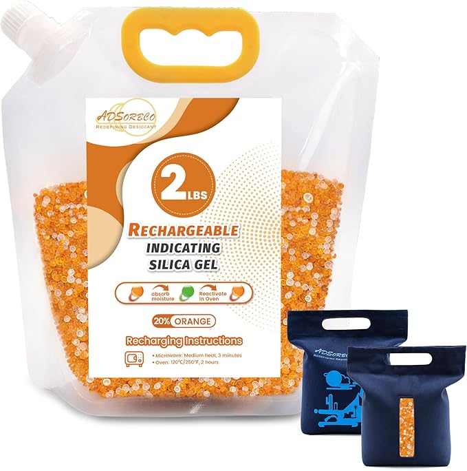 Silica Gel Desiccant Beads – Reusable Desiccant Bulk 3mm Beads for 3D Filament, Electronics, Cameras, Jewelry, and Safes (Orange White MIX, 2 LBS+1 Bag)