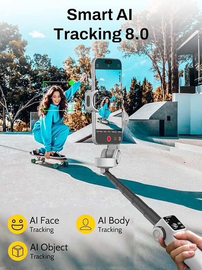 AOCHUAN Gimbal Stabilizer for iPhone & Android, 3-Axis Phone Gimbal with OLED Screen, 7.8" Extendable Rod, Portable Hard Case for Camera, EVA Protective Storage Bag V8 & B30