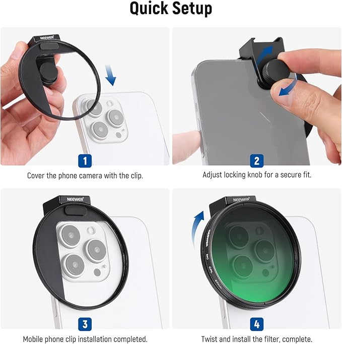 NEEWER Clip On Phone Filter Kit, 67mm Multicoated CPL Filter with Cold Shoe Cell Phone Clamp, Carrying Case & Cleaning Cloth Accessories Compatible with iPhone Samsung Android, FL-79