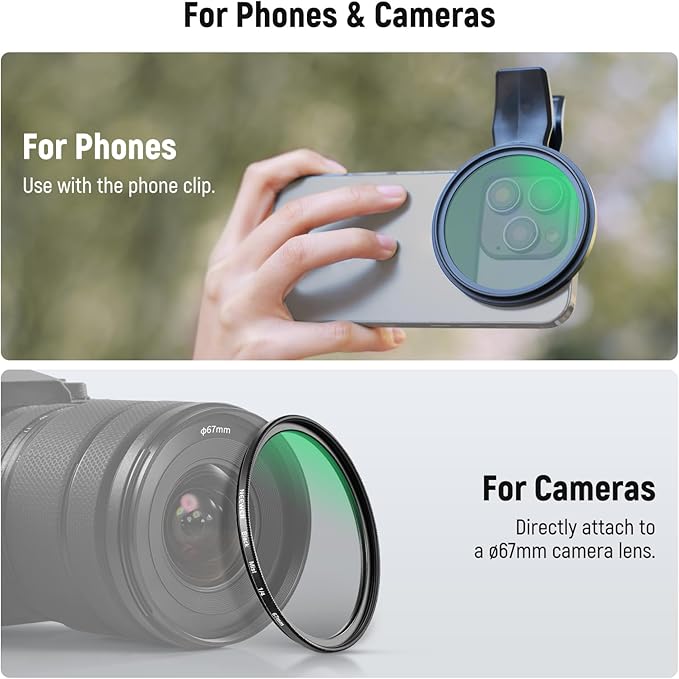 NEEWER 67mm Clip On Black Diffusion 1/4 Filter Compatible with iPhone, Phone Camera Lens Photography Accessories Kit Compatible with iPhone 17 16 15 Pro Max Plus 16e 14 13 mini, FL-B24