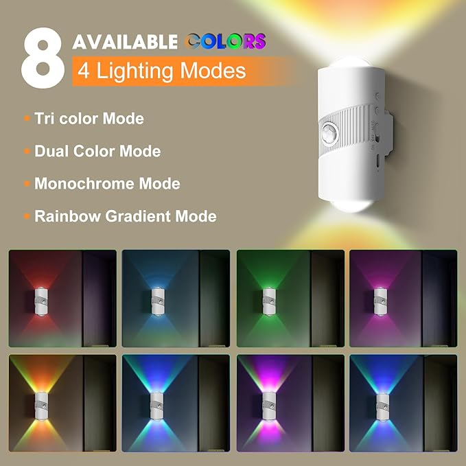 Motion Sensor Night Light,Smart LED Night Lights with Magnetic,Dimmable Night Lamp,8 RGB Colors,Portable Rechargeable Night Light for Indoor,Hallway,Bathroom,Stairway Christmas Decor White 2 Pcs