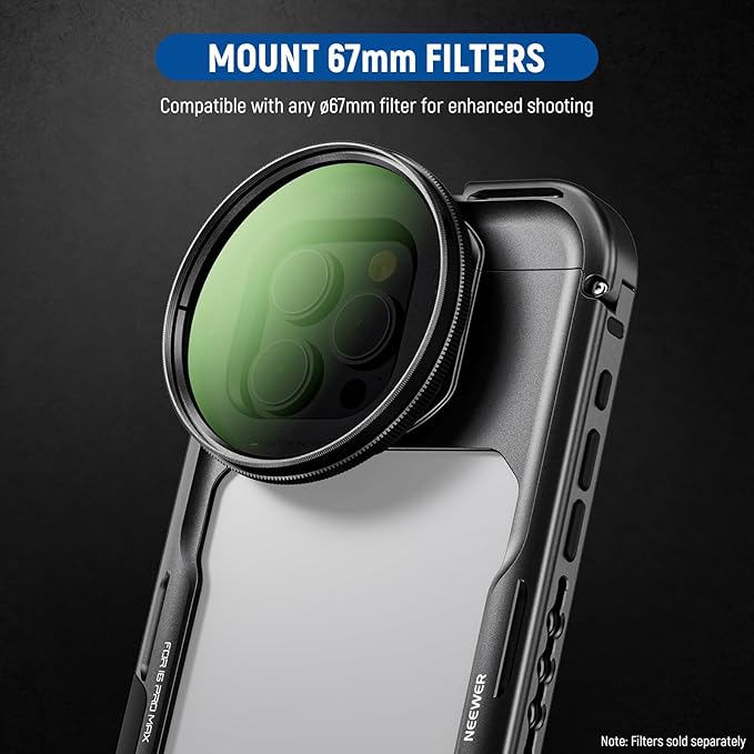 NEEWER PA074 Phone Cage Compatible with iPhone 16 Pro Max + 67mm Magnetic Black Diffusion 1/4 Filter Set for 16Pro (PA073) 16ProMax (PA074) Cage, Quick Release Video Rig Phone Stabilizer