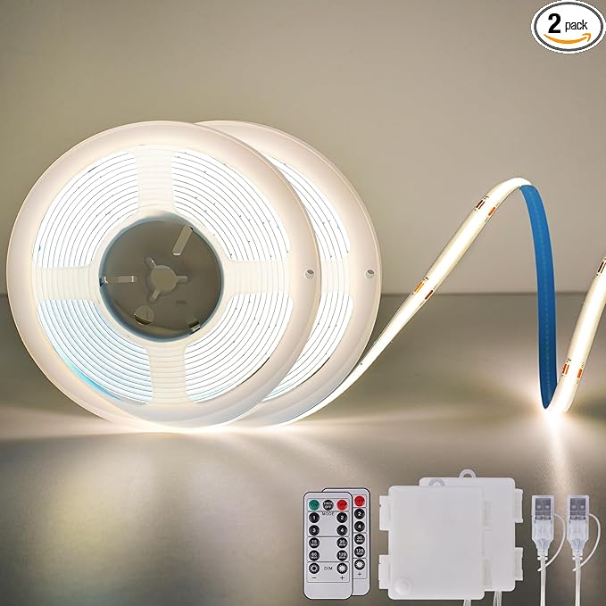 OMIKA COB LED Light Strip, 6.56FT 640LED 4000K Natural White Battery Powered Strip Lights with Remote Control Timer Dimmable Flexible Cuttable Tape Light for Cabinet Shelves Desk Bedroom (2 Pack)