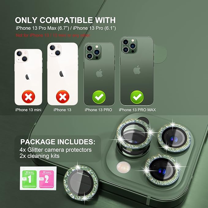 Choiche Compatible for iPhone 13 Pro/iPhone 13 Pro Max Camera Lens Protector Bling, 9H Tempered Glass Camera Cover Screen Protector Metal Ring Decoration Accessories (Glitter-Alpine Green)