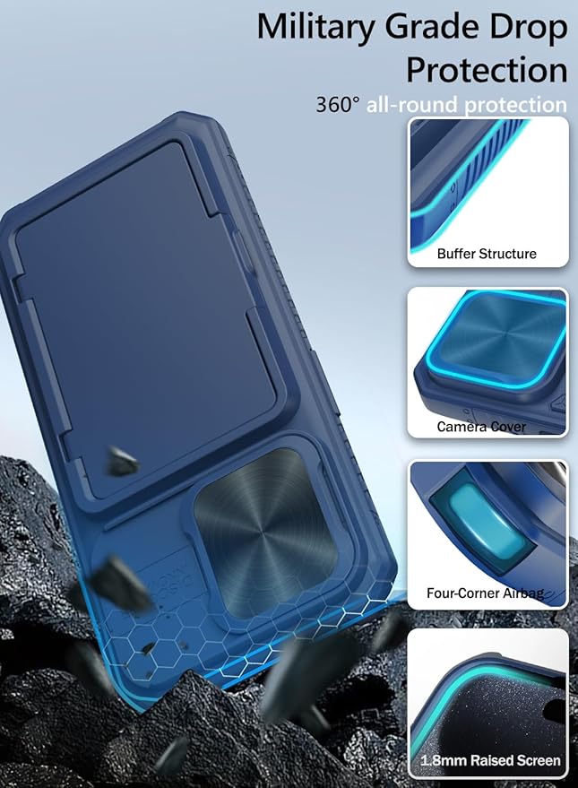 Vihibii for iPhone 15 Pro Wallet Case with Card Holder (4 Cards) & Slide Camera Lens Protective Cover & Kickstand, Heavy Duty Shockproof Rugged Durable Phone Case for iPhone 15 Pro 5G 6.1" 2023, Blue