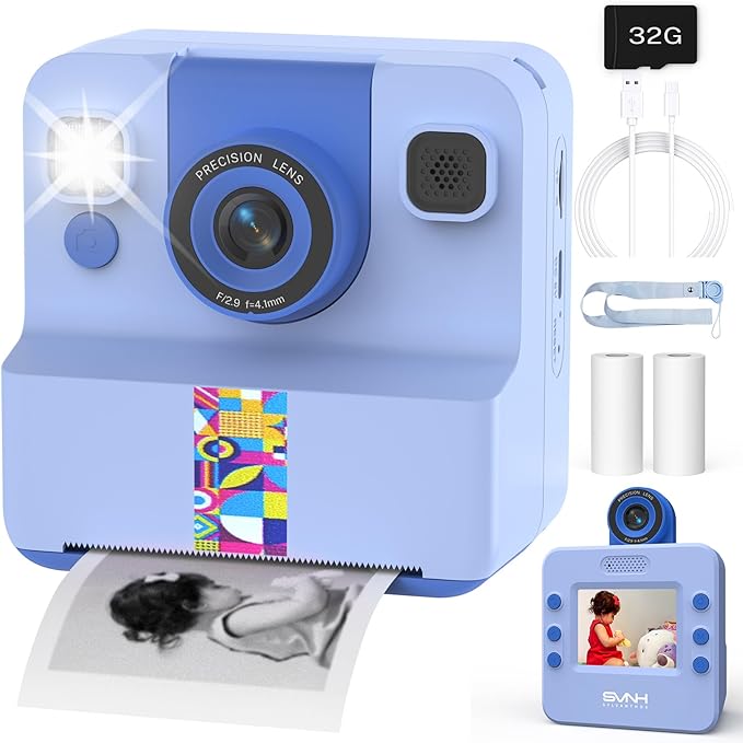 Kids Camera Instant Print, Digital Camera for Kids, 180° Rotating Selfie Lens with 32GB SD Card & 2 Rolls Printing Paper Kids Toy Birthday Gifts for Boys Girls Ages 3-12, Blue