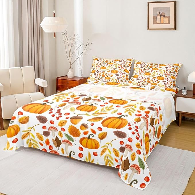 Erosebridal Fall Decor Bed Sheets Queen Size, Pumpkin Autumn Leaf Bedding Set, Farmhouse Harvest Mushroom Fitted Sheet Set, Farm Fall Leaves Sheets for Kids Adults Thanksgiving Bedroom Decor