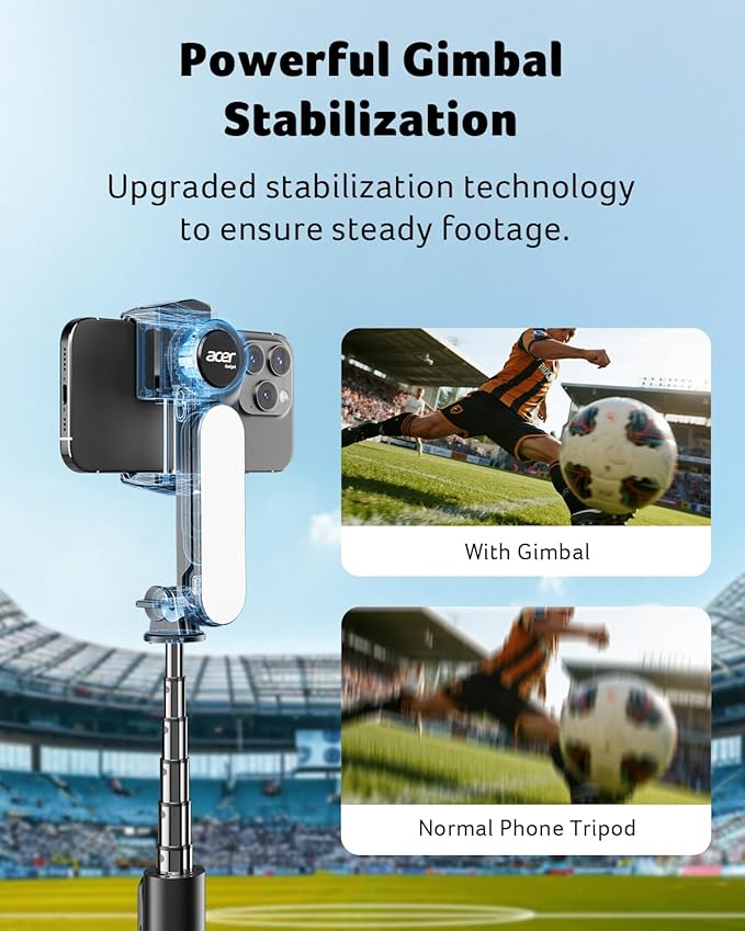 acer Gimbal Stabilizer 1Axis for iPhone/Cell Phone/Smartphone/Android with Remote Control&Light, Portable Gimbal Tripod Auto Balance Handheld Selfie Stick for Video Recording, Vlogging, Live Streaming