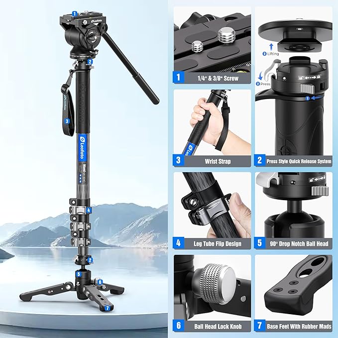 LEOFOTO Carbon Fiber Monopod with Removable Feet and Fluid Head, 63" Professional Telescopic Video Monopod for DSLR Video Camera, Folded Height 27"
