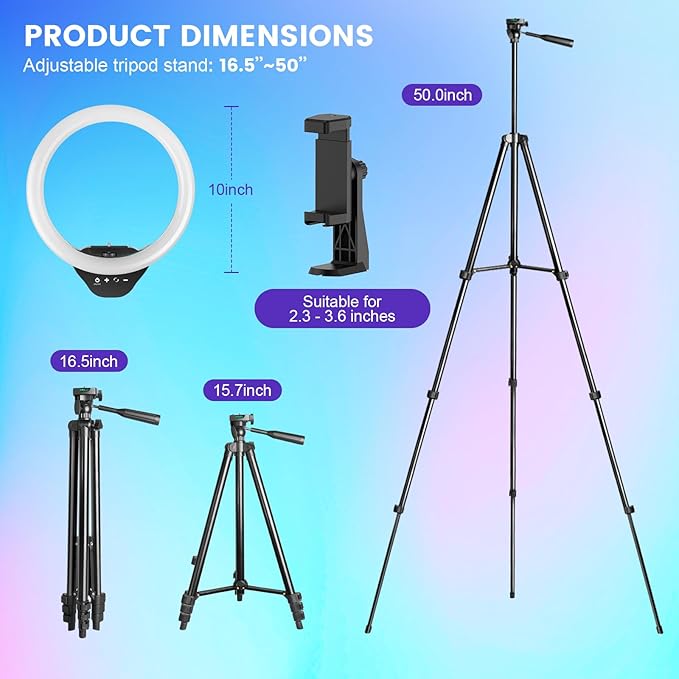 Sensyne 10'' RGB Ring Light with 50'' Extendable Tripod Stand, Circle Lights with Phone Holder for Live Stream/Makeup/YouTube Video/TikTok, Compatible with All Phones