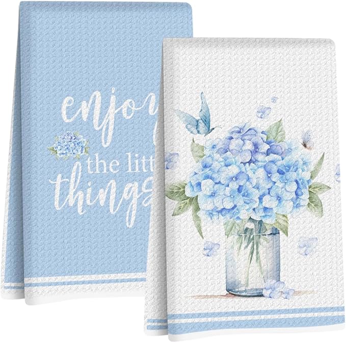 2Pcs Hydrangea Bouquet Kitchen Towels, 24x14 Inch Spring Butterfly Waffle Hand Towels for Kitchen Farmhouse Decor, Absorbent Durable Microfiber Dish Cloth Tea Towel, Home Gifts for Women Mom