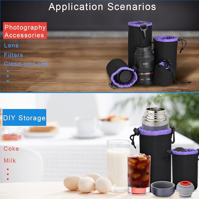 CADeN Lens Pouch Set 4 Pack Replacement Compatible for Canon, Nikon, Sony, Pentax, Olympus (Small, Medium, Large, X Large) Camera Lens Case Bag Thick Protective Neoprene Pouch Soft Plush for DSLR Lens