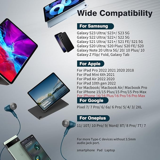 USB C Headphones for iPhone 17/16/15/Samsung S26/S25/S24 Wired Earbuds with Microphone for Galaxy S23 S22 S21 S20 Magnetic Noise Canceling in-Ear Type C Earphones for iPad 10th/Pixel 9 8 7a, Lake-Blue