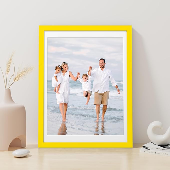 Vittanly 12x16 Picture Frame, Made of Solid Wood and Shatterproof Plexiglass, Display Pictures 11x14 with Mat or 12x16 without Mat, Wooden Photo Frame for Wall Mounting, Yellow, 1 Pack