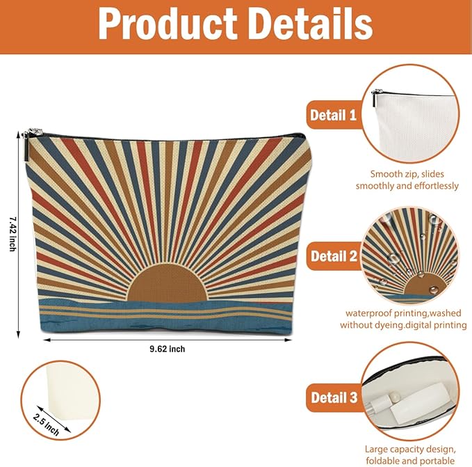 4PCS Sunshine Makeup Bag, Boho Gifts for Women, Natural Linen Zipper Pouch, Sunlight Rays Nature Best Sunshine Gifts for Girls Sister Travel Boho Cosmetic Bag