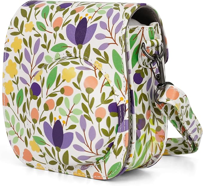 Frankmate Protective Case Fit for Fujifilm Instax Mini 12 11 9 8 Camera, PU Leather Camera Bag with Pocket and Adjustable Shoulder Strap (Flowers Green)