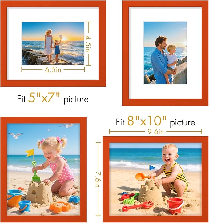 Vittanly 8x10 Picture Frame, Made of Solid Wood and Shatterproof Plexiglass, Display Pictures 5x7 with Mat or 8x10 without Mat, Wooden Photo Frame for Wall Mounting or Tabletop Display, Orange, 1 Pack
