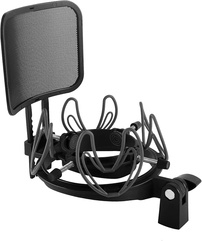 Universal Microphone Shock Mount with Pop Filter for Condenser Microphones Size at 21-62mm Anti-Vibration Mic Holder Clip(Black)