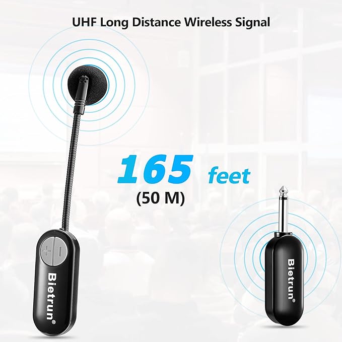 Bietrun Wireless Microphone Headset with 1/4''Plug, 165ft Range, UHF Wireless Headset Mic & Handheld Mic 2 in 1, for Karaoke Speaker, Amplifier, Speakers, PA System, Teaching, Fitness (Black)
