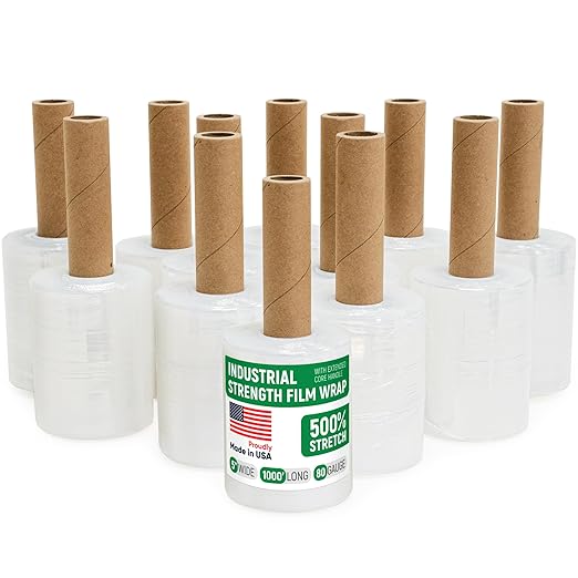 Paclord 5" x 1000' Industrial Strength Mini Stretch Wrap with Extended Core Handles, Ready to Use Pack of 12 Clear Stretch Film Rolls, 80 Gauge, 500% Elongation - Shrink Wrap for Moving, Packing