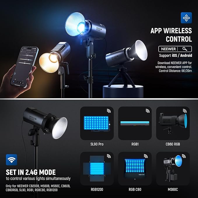 NEEWER MS150C RGBWW LED Video Light with 2.4G/APP Control, 150W Metal Mini RGB COB Continuous Output Lighting Bowens Mount Handheld Spotlight 2700K-6500K, 18000lux/1m, CRI97+/TLCI98+,17 Effects, RGBCW